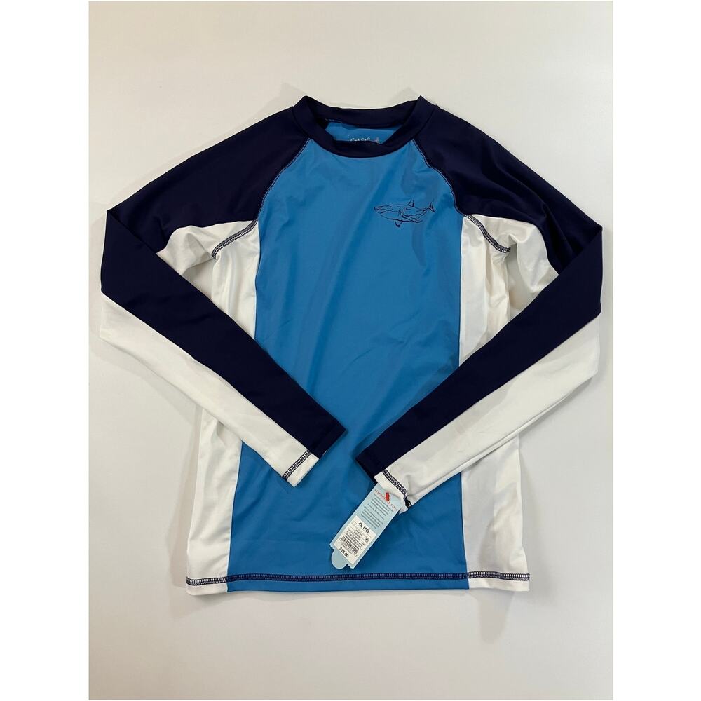Cat & Jack Boys XL 16 Rash Guard Shark Long Sleeve Swim Shirt Blue NWT